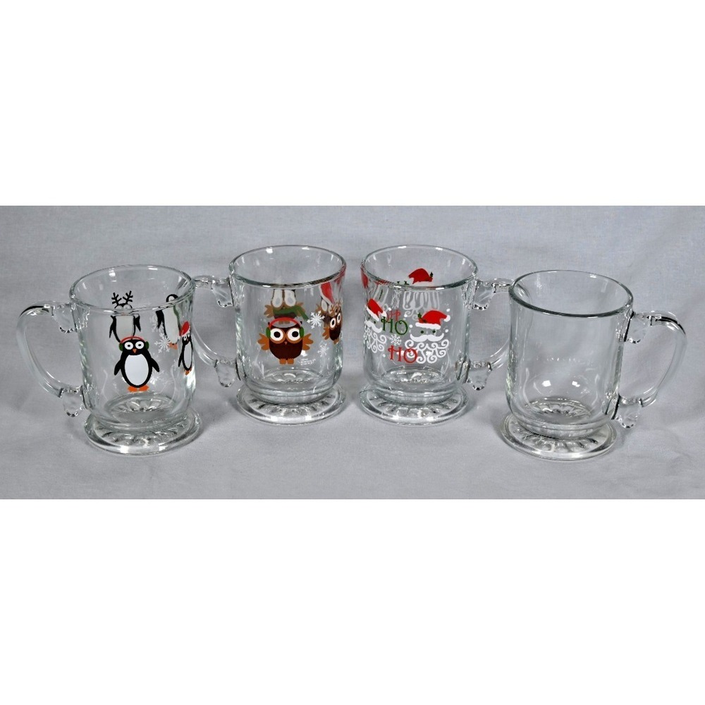Set of 4 Libbey Christmas Clear Glass Coffee Mugs Penguin Santa Ho Ho